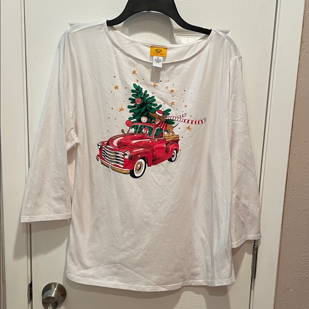 Ruby Rd. White Long Sleeve Tee with Red Car and Green Tree Graphic